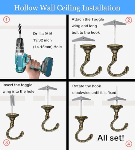 2 Sets Heavy-Duty Swag Ceiling Hooks with Hardware - Antique Brass