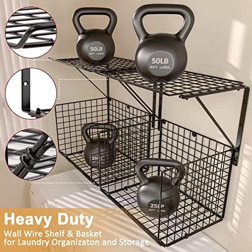 2 Pack Laundry Room Shelves with 8 Hooks Black