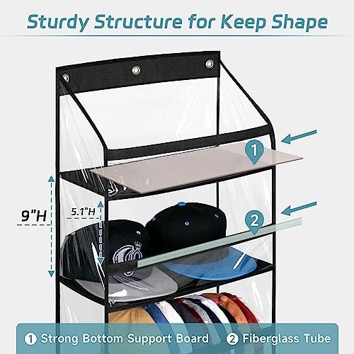 AOODA Clear Over The Door Hat Racks for Baseball Caps 72 Caps Storage Organizer 3 Hooks Black
