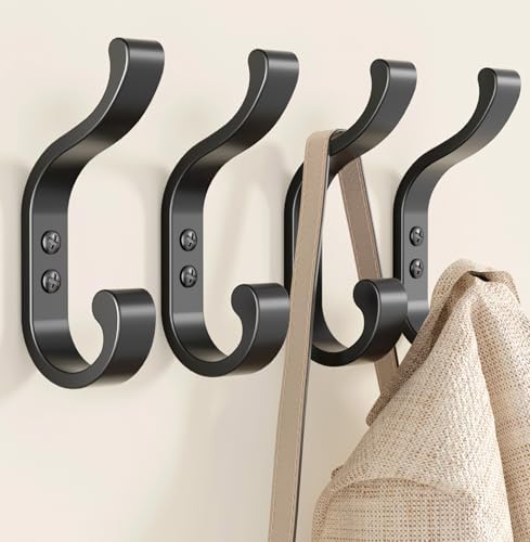 Heavy Duty Wall Mount Coat Hooks 4 Pack 30 lbs Capacity Black