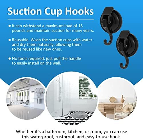 Heavy Duty 15LB Suction Cup Shower Hook Reusable No Drilling Black 4-Pack