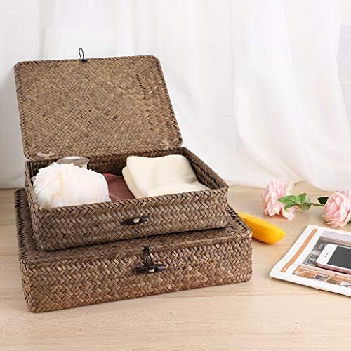 Hipiwe Set of 2 Flat Woven Seagrass Storage Bins with Lid