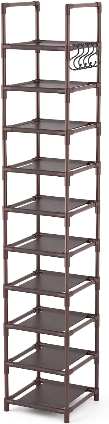 LANTEFUL 10-Tier Tall Narrow Shoe Rack Storage Organizer for Closets Entryways Dorms Brown