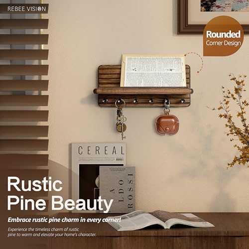 Rebee Vision Farmhouse Key Holder Wall Mount with 6 Hooks and Floating Shelf