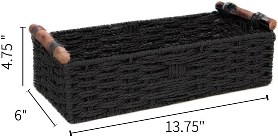Black Paper Rope Storage Basket with Wooden Handle 1PC
