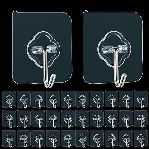 32 Pack Adhesive Hooks 33lb Max Load Transparent Reusable Wall Hooks for Kitchen Bathroom Shower Office and Home