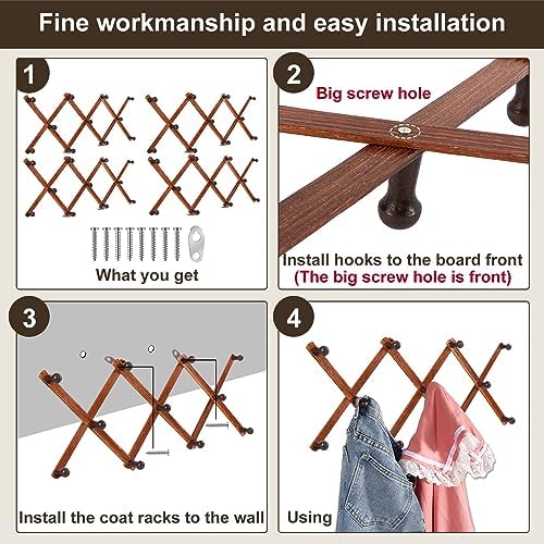4 Pcs Expandable Wooden Coat Rack Wall Hanger with 11 Hooks