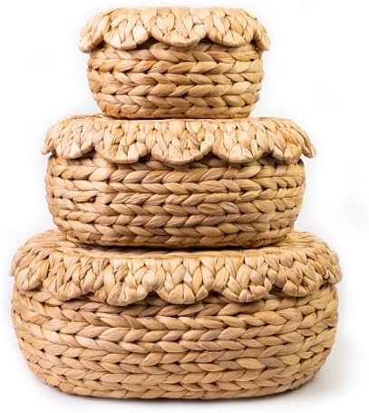 Set of 3 Wicker Storage Baskets with Lid - Decorative Water Hyacinth Bins