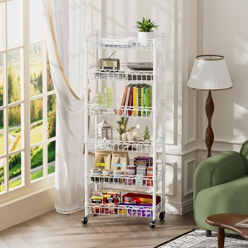 SINGAYE 6 Tier Adjustable Wire Shelving Unit with Wheels for Garage Kitchen Office White