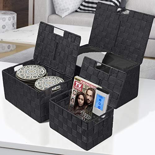 Sorbus Set of 3 Black Woven Storage Baskets with Lids