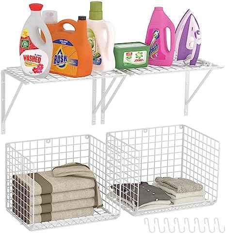 2 Pack Laundry Room Wall Shelves with Wire Baskets and 8 Hooks - White