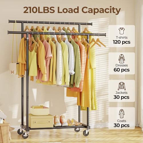 Double Rods Clothes Rack with Rolling Wheels
