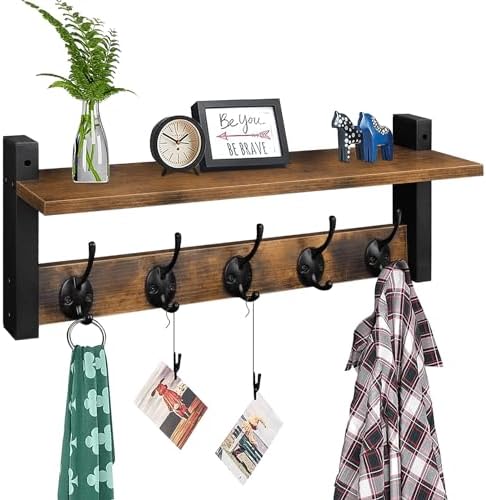 Homode Wall Hooks with Shelf Rack 5 Metal Hooks for Entryway Bathroom Bedroom Hallway