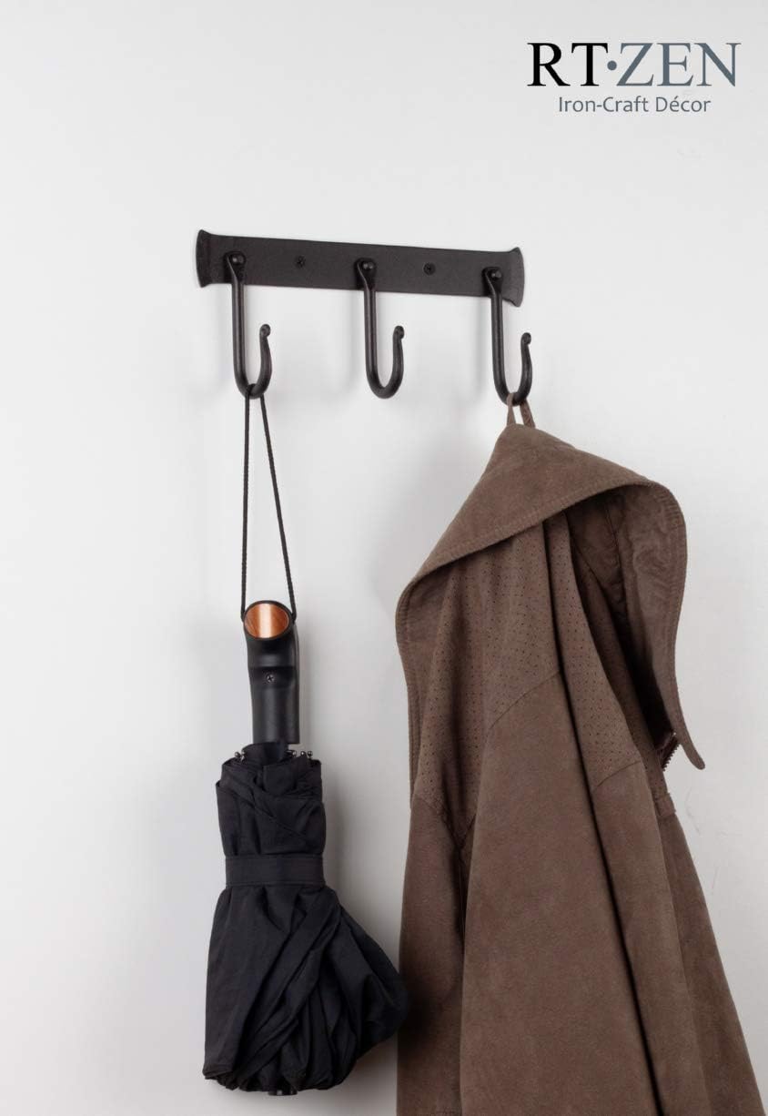 RTZEN Wall Mount Hook Set - 3 Pack Wrought Iron Black Coat Hooks for Entryway and Bathroom