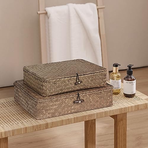 FOSSORH Set of 2 Flat Seagrass Storage Bins with Lid