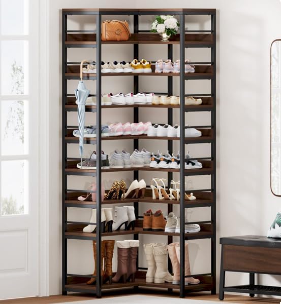 Tribesigns 9 Tiers Corner Shoe Rack Rustic Brown Space Saving