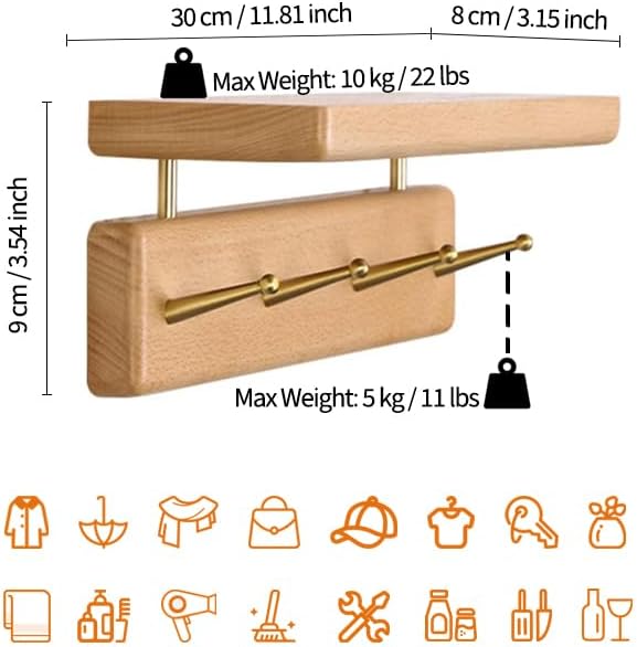 Solid Wood Shelf with Hooks 12 Inch Coat Rack Wall Mount