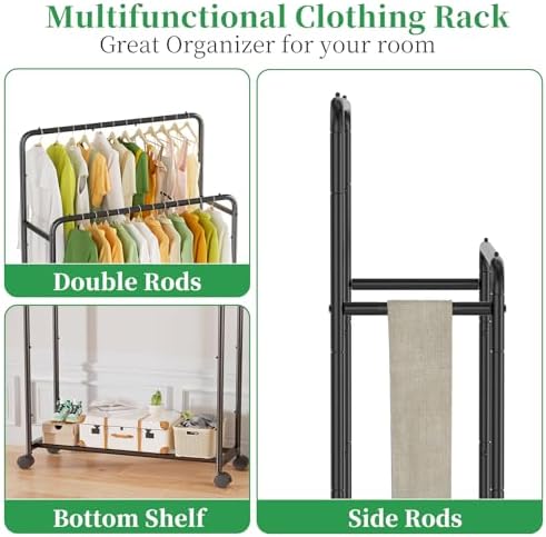 Simple Trending Double Rod Garment Rack with Wheels Black