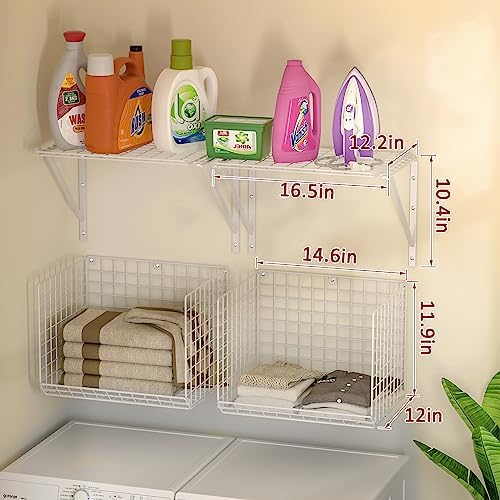 2 Pack Laundry Room Wall Shelves with Wire Baskets and 8 Hooks - White