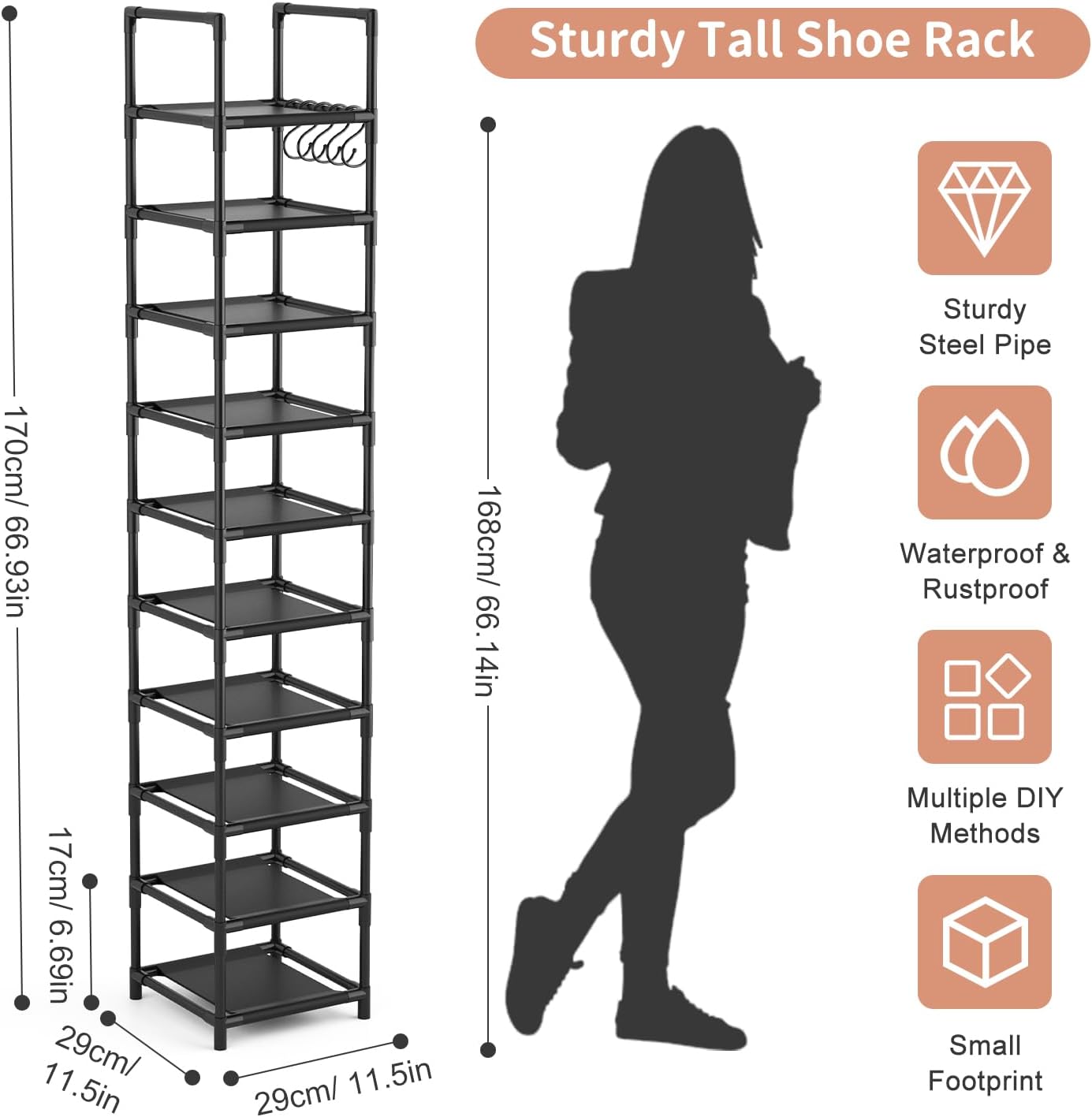 Tall Narrow Shoe Rack for Entryway 10 Tier Storage