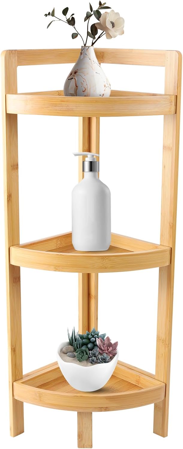 3-Tier Bamboo Corner Shelf for Small Spaces