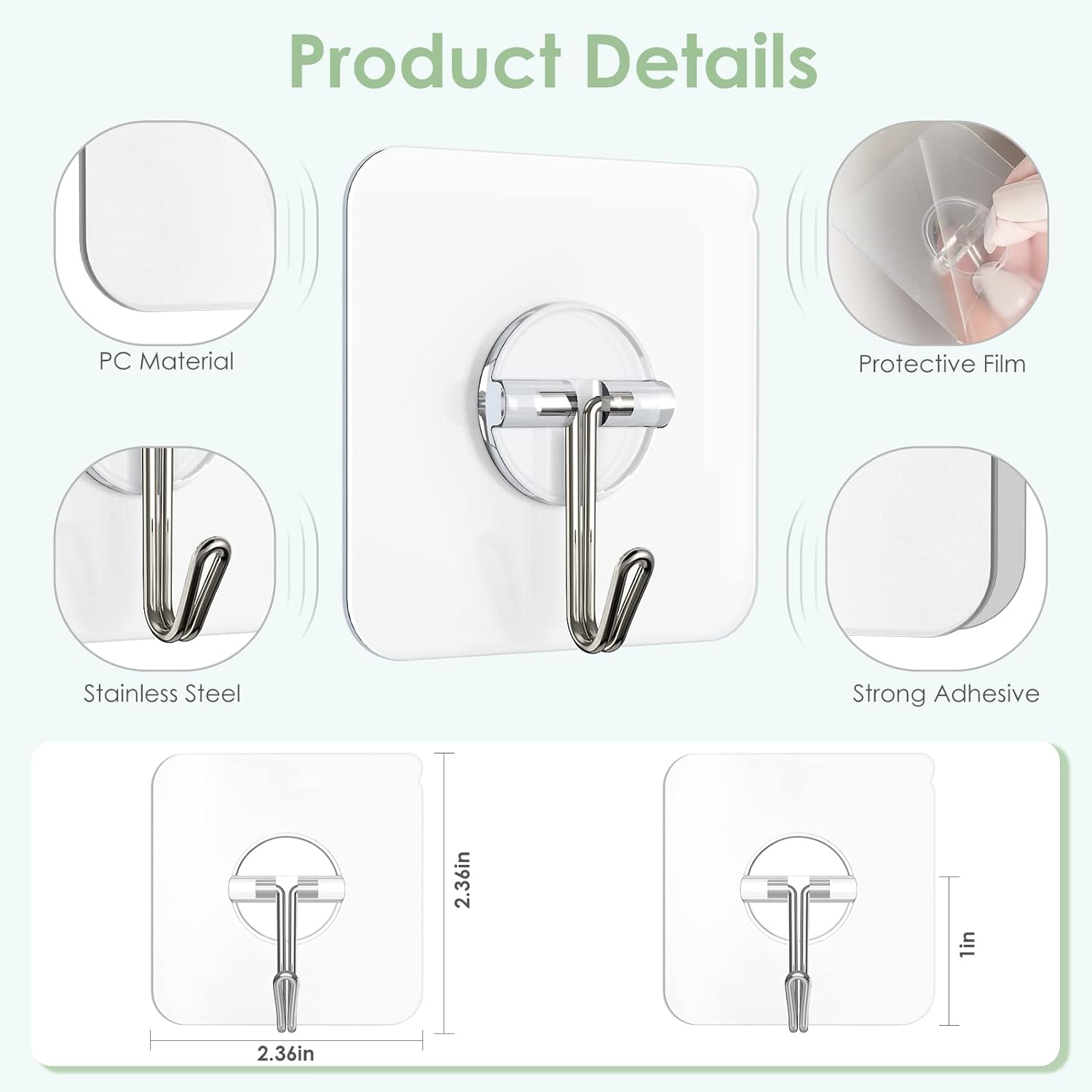 Sticky Wall Hooks 13 lb Clear Removable for Shower Ceiling Kitchen