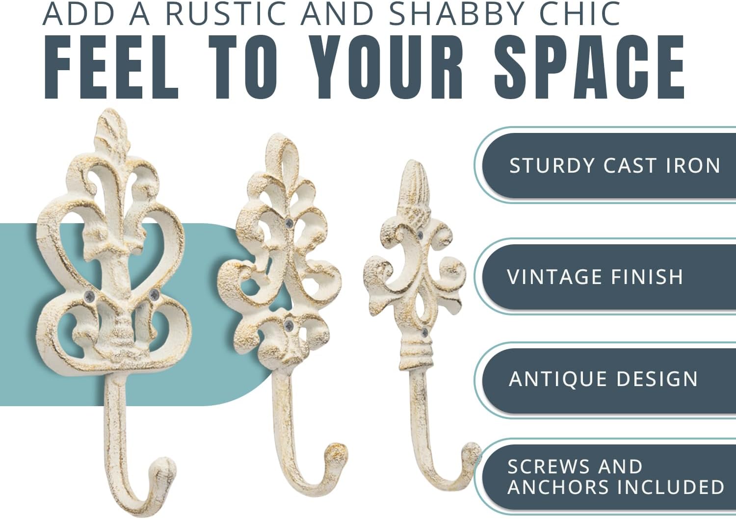 Shabby Chic Wall Hooks Set of 3 Cast Iron White