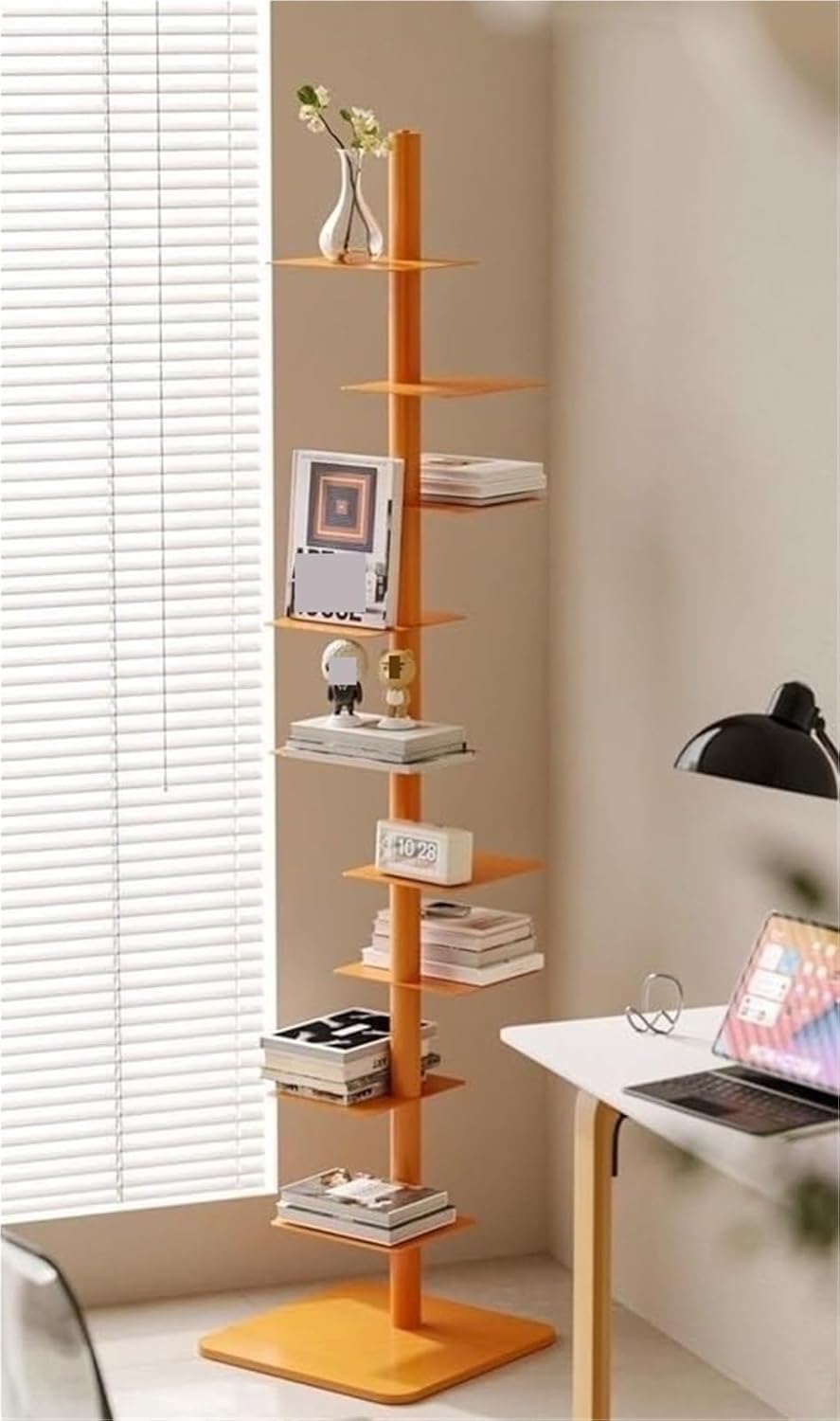 9-Tier Adjustable Carbon Steel Vertical Bookshelf Corner Display Shelf for Home Office Living Room Orange