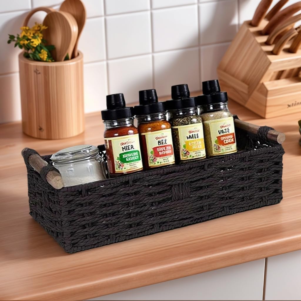 Black Paper Rope Storage Basket with Wooden Handle 1PC