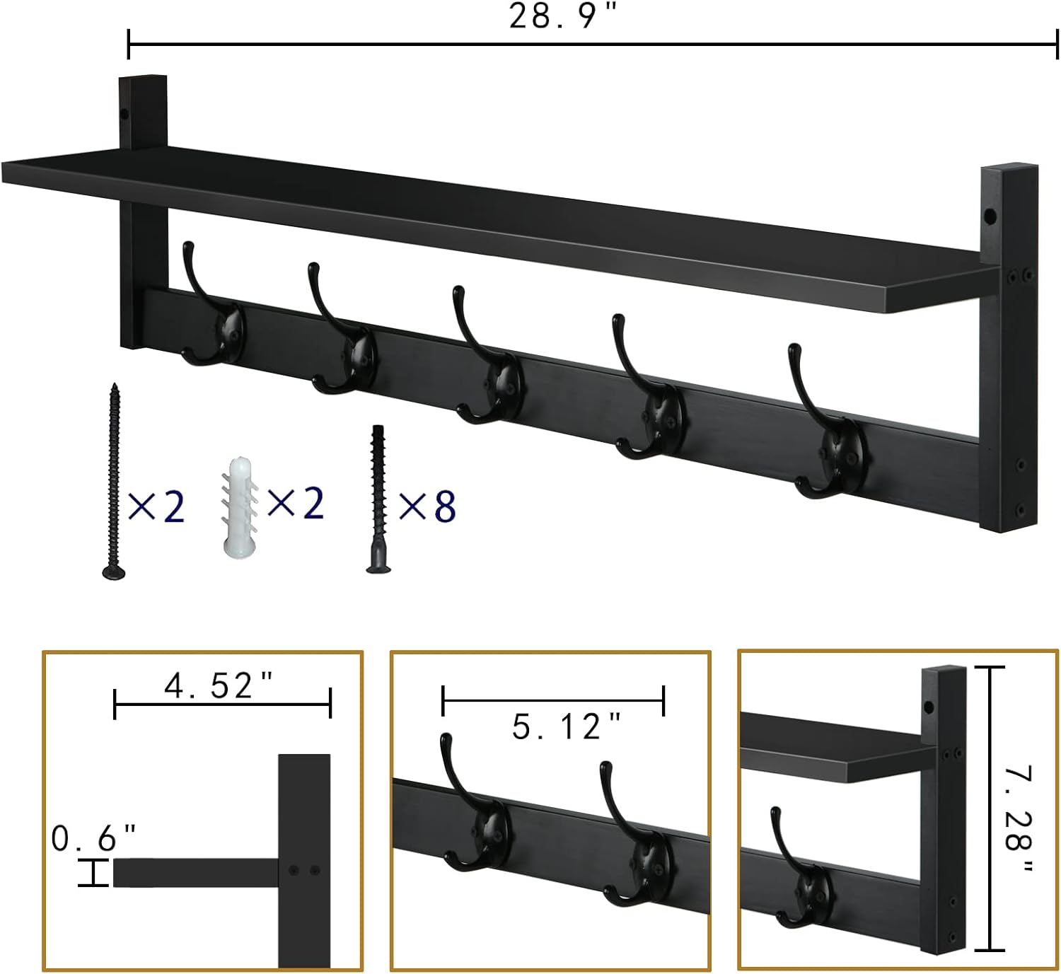 BAMEOS Wall Mounted Shelf with Hooks - Black