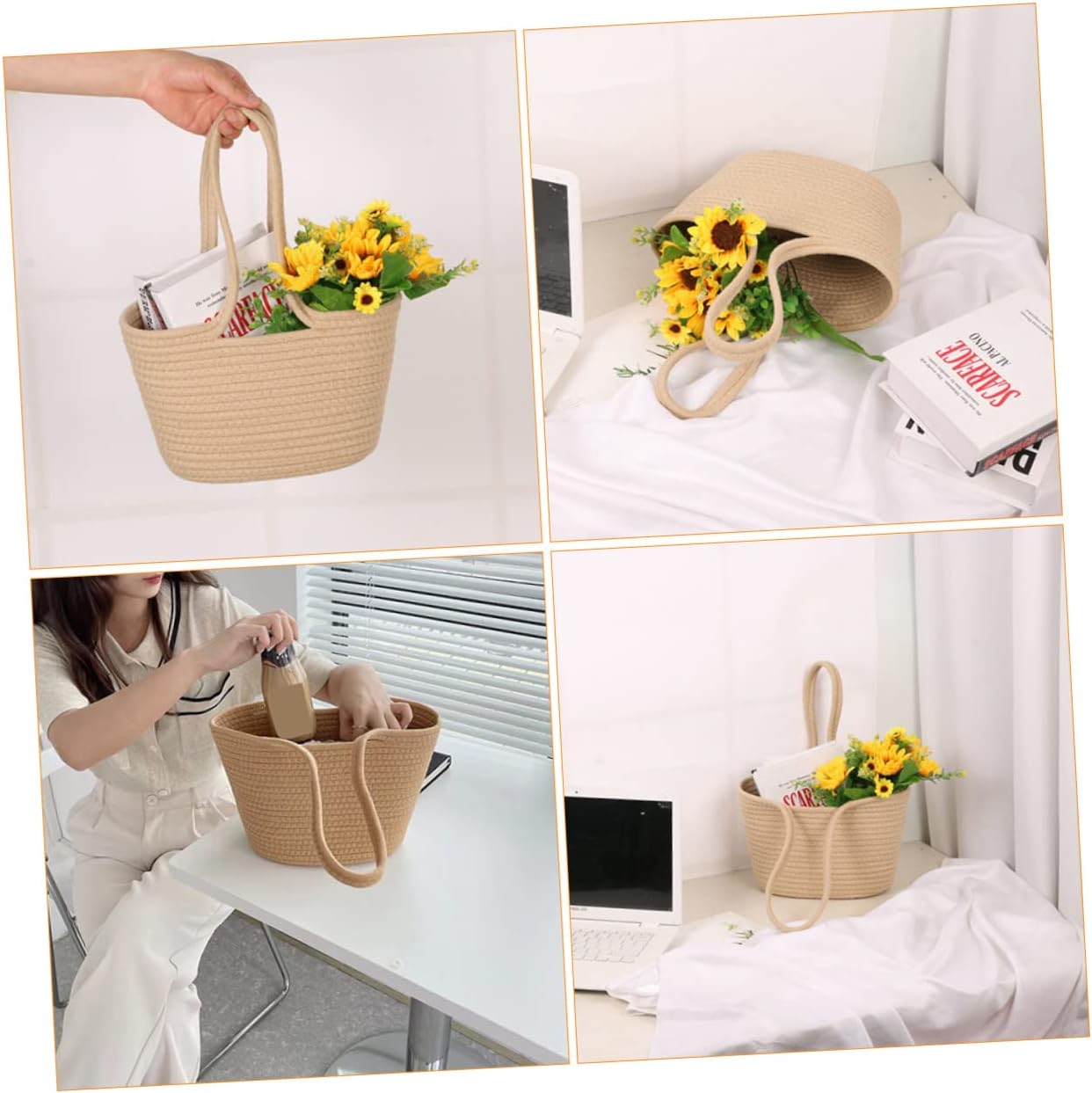 VOSAREA Khaki Woven Storage Basket for Home and Garden