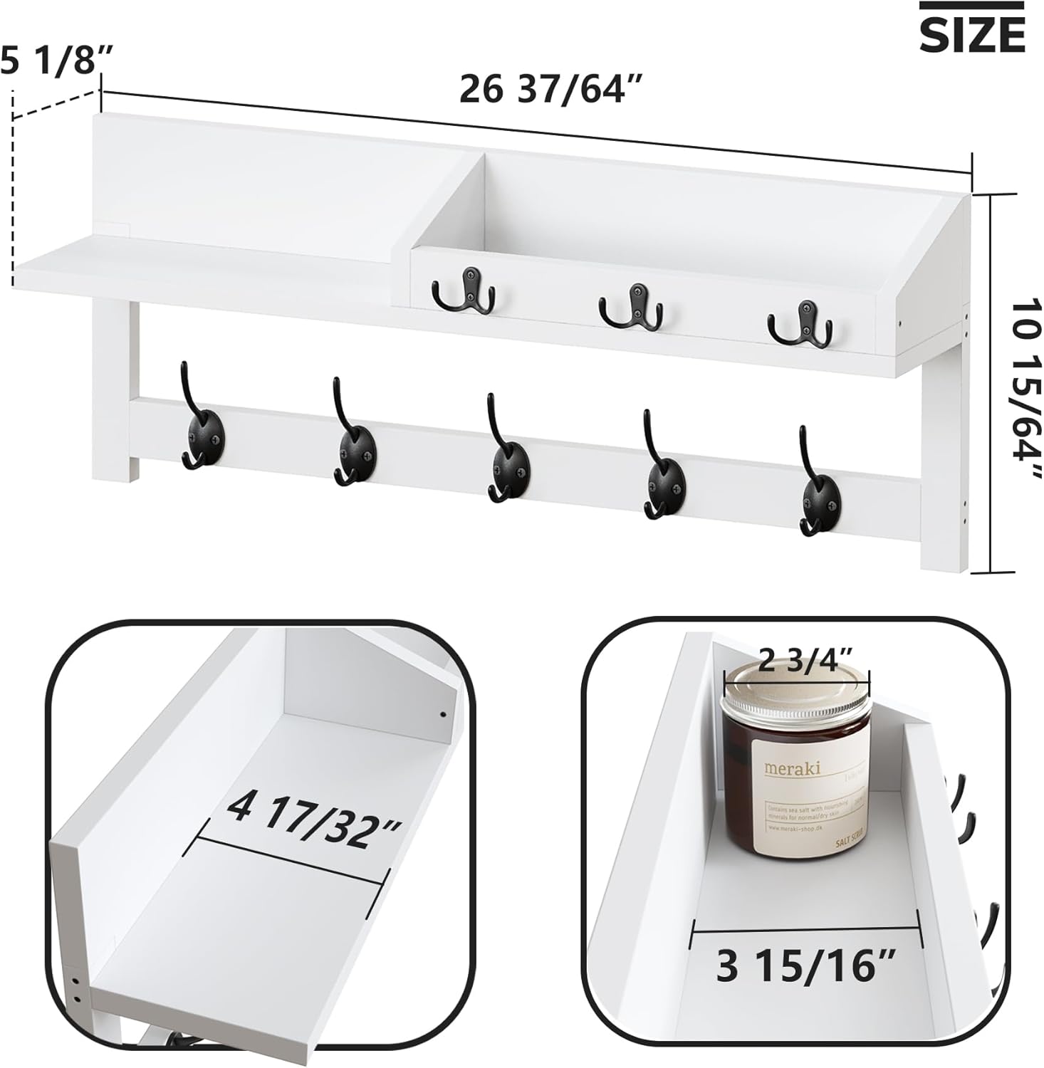 AMBIRD 2657 Inch Wall Shelf With 5 Dual Hooks And 3 Key Hooks