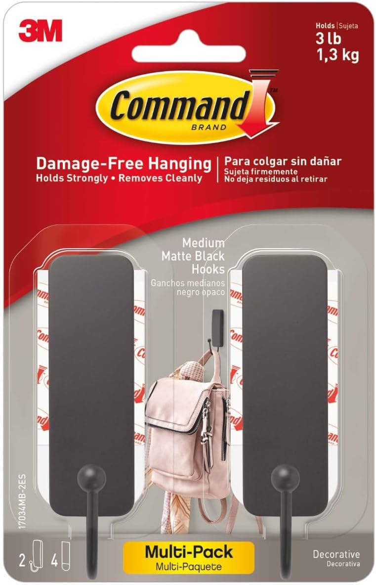 Command Medium Matte Black Wall Hooks 2 Hooks 4 Strips
