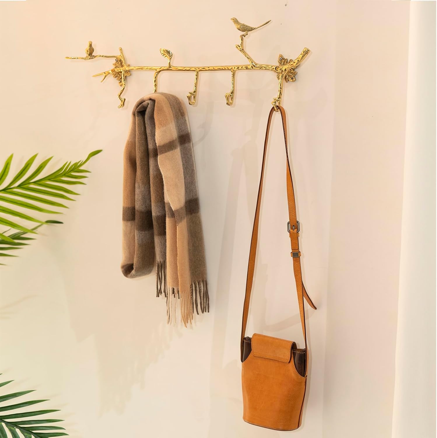 Brass Wall Mounted Hanger with 6 Hooks and Bird Decor