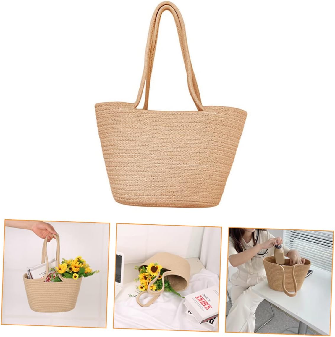 VOSAREA Khaki Woven Storage Basket for Home and Garden