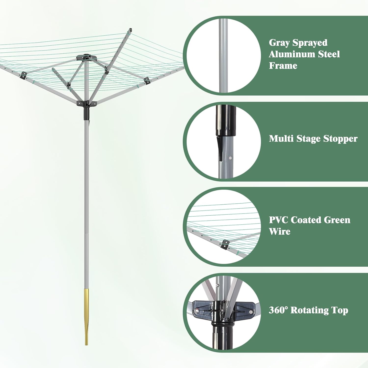 Rotary Outdoor Umbrella Drying Rack with 12 Lines and 4 Arms
