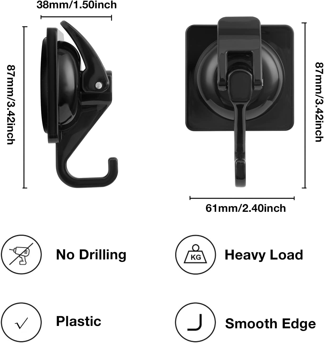 Suction Cup Wreath Hanger 2Pack Black Heavy Duty Window Waterproof Shower Hooks for Bathroom Towel Glass Door Camper
