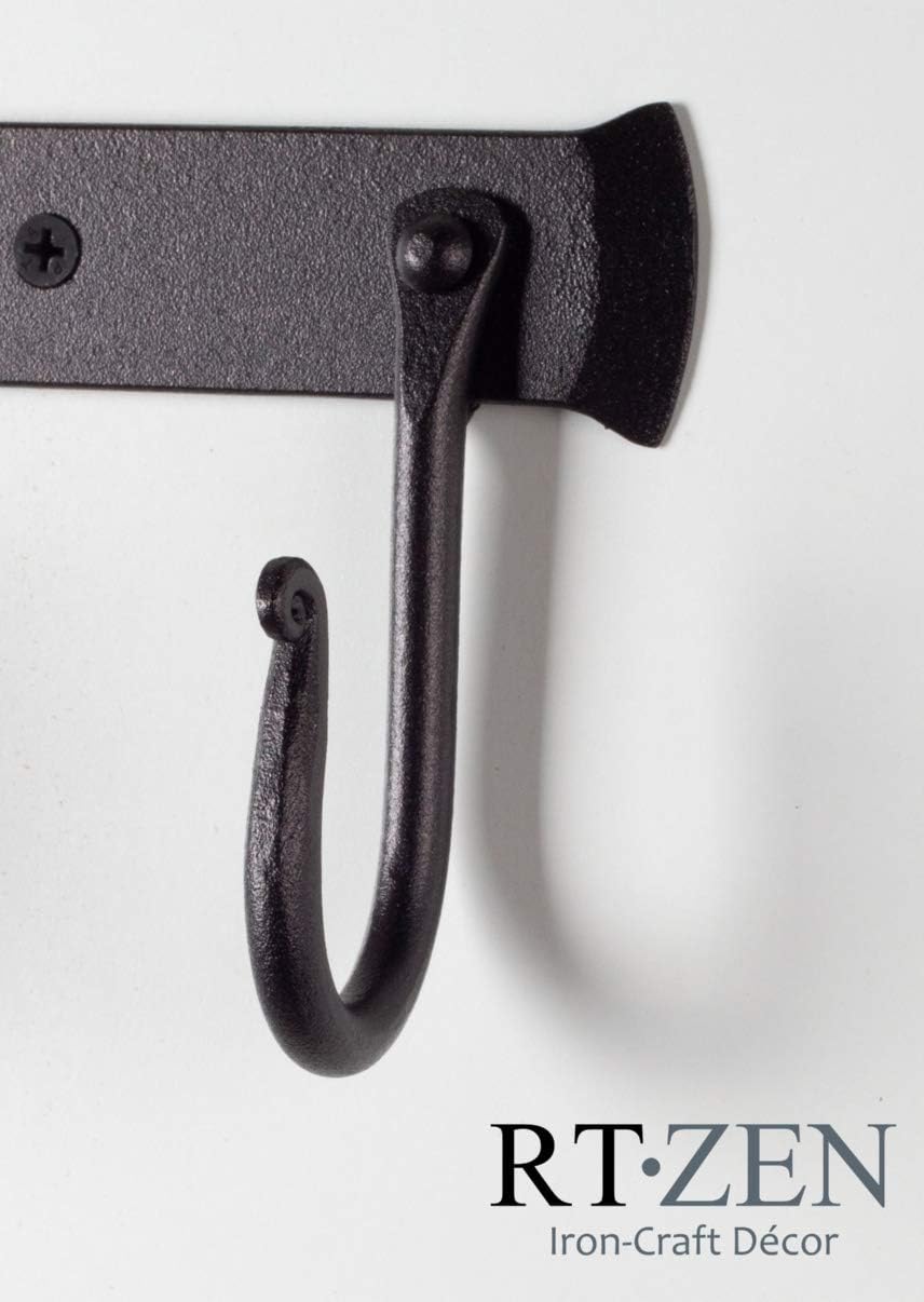 RTZEN Wall Mount Hook Set - 3 Pack Wrought Iron Black Coat Hooks for Entryway and Bathroom