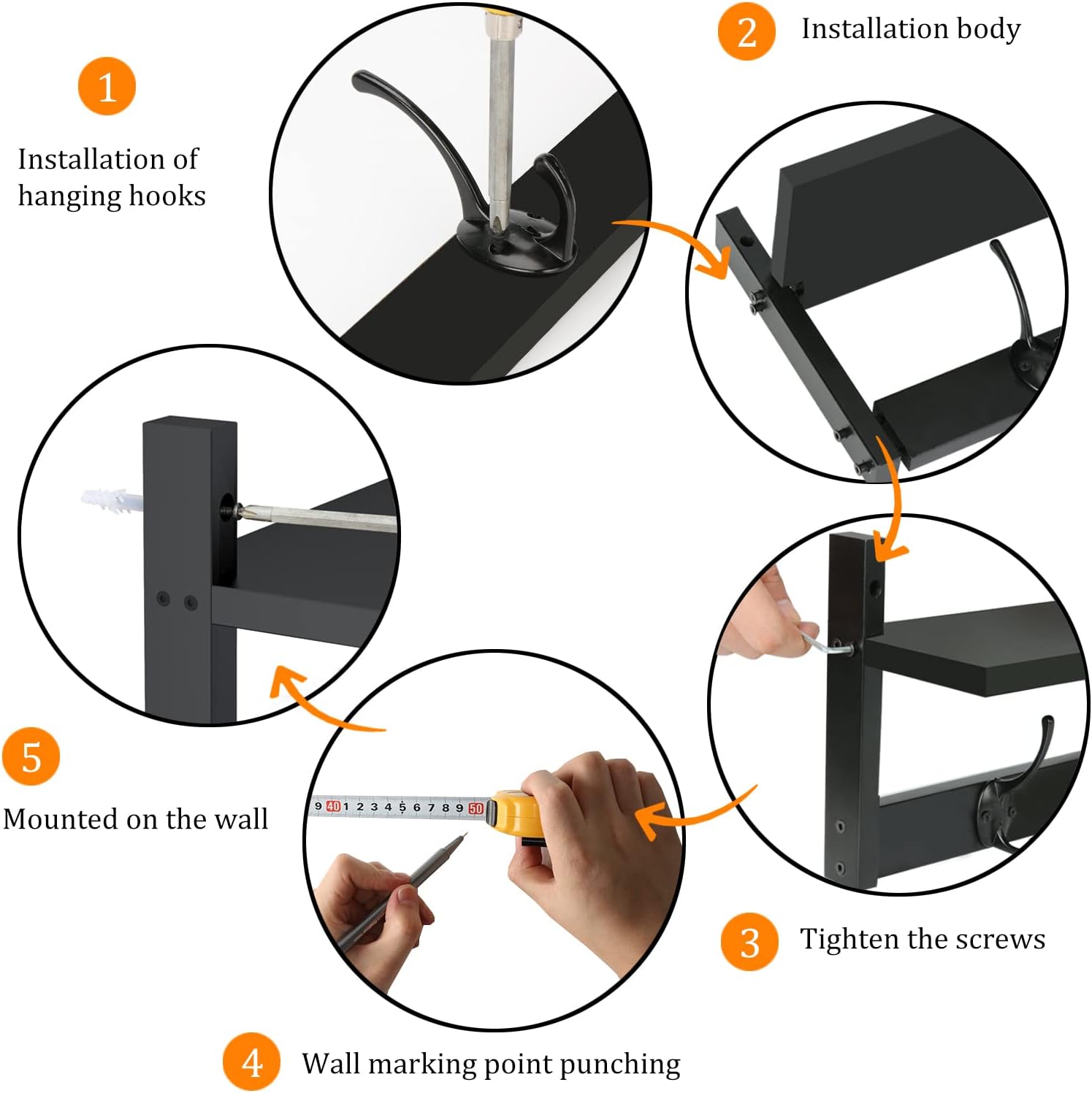BAMEOS Wall Mounted Shelf with Hooks - Black