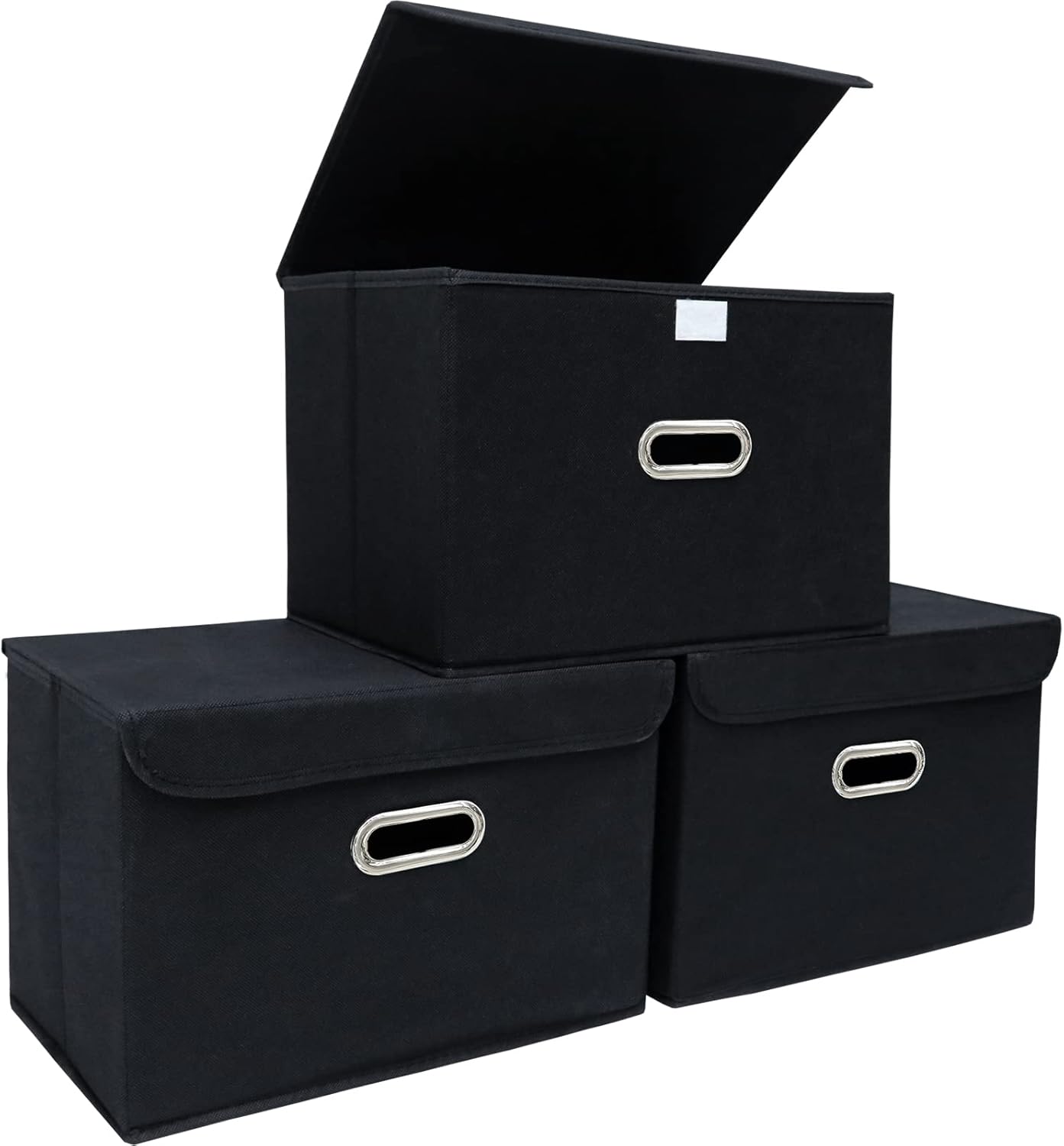 STOREONE Foldable Storage Bins with Lids and Handles 3 Pcs Black