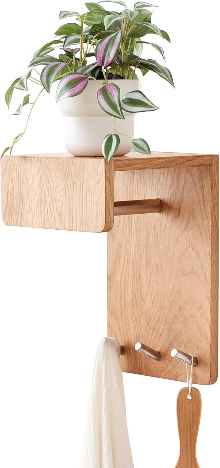 Oak Wood Wall Mounted Coat Rack with 3 Hooks and Floating Shelf