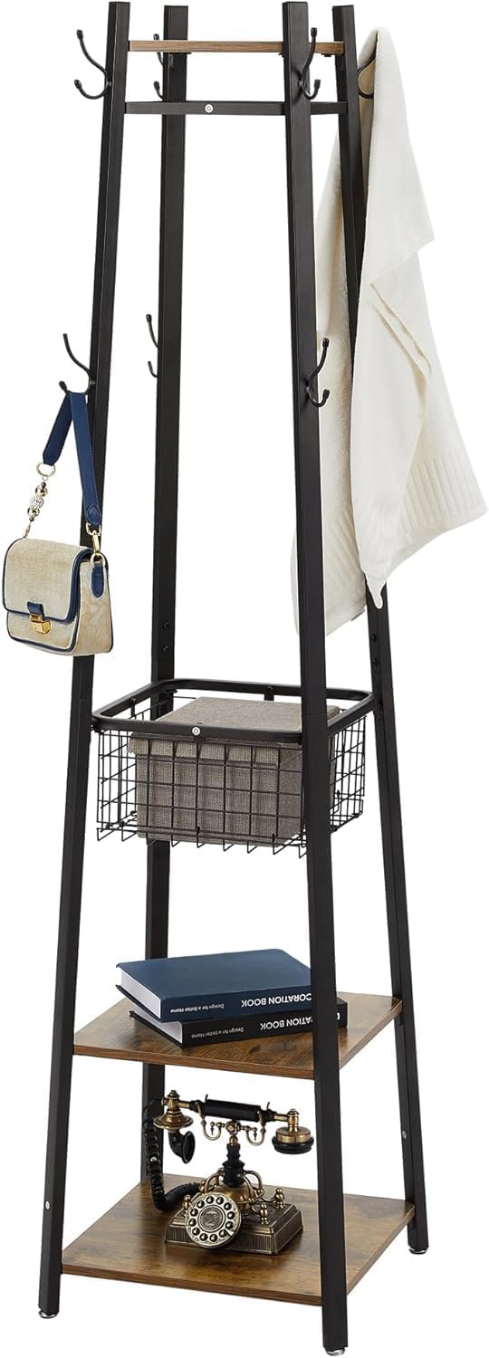 VECELO Freestanding Coat Rack with Metal Basket and Shelves