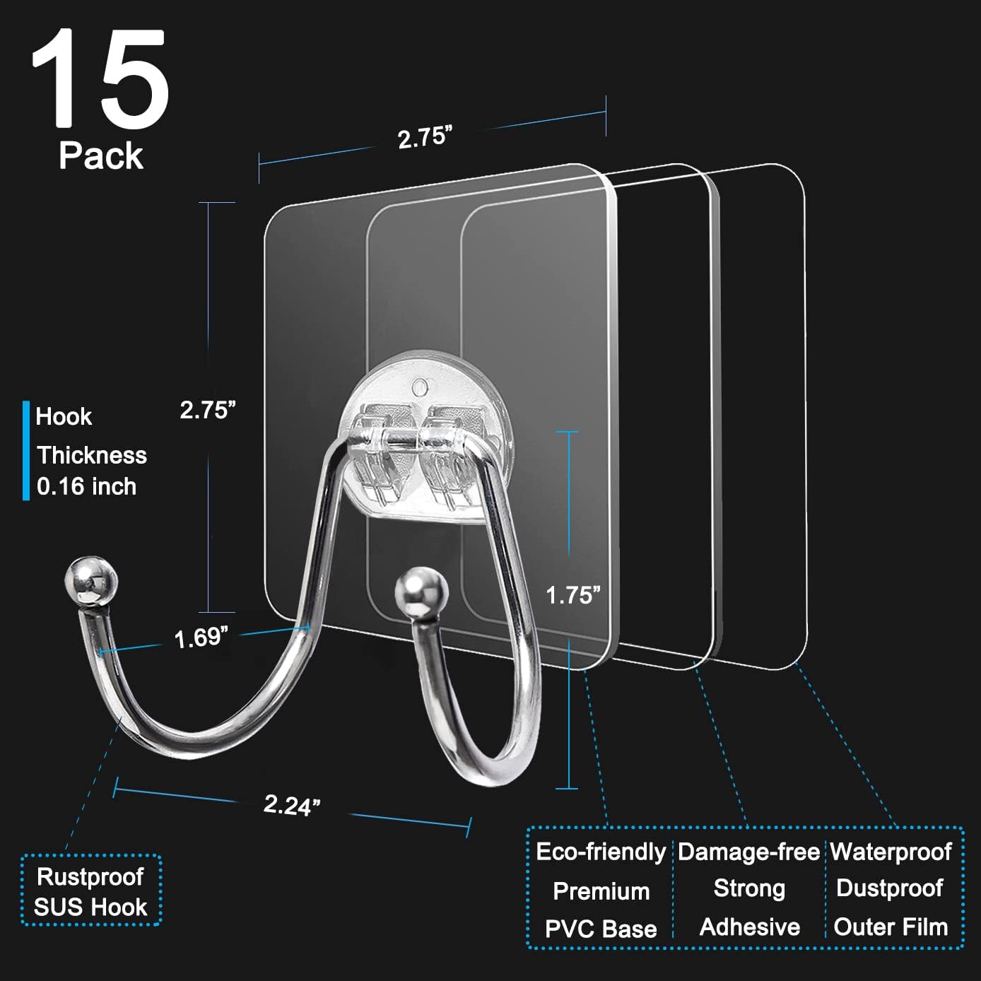 15 Pack Clear Double Adhesive Wall Hooks