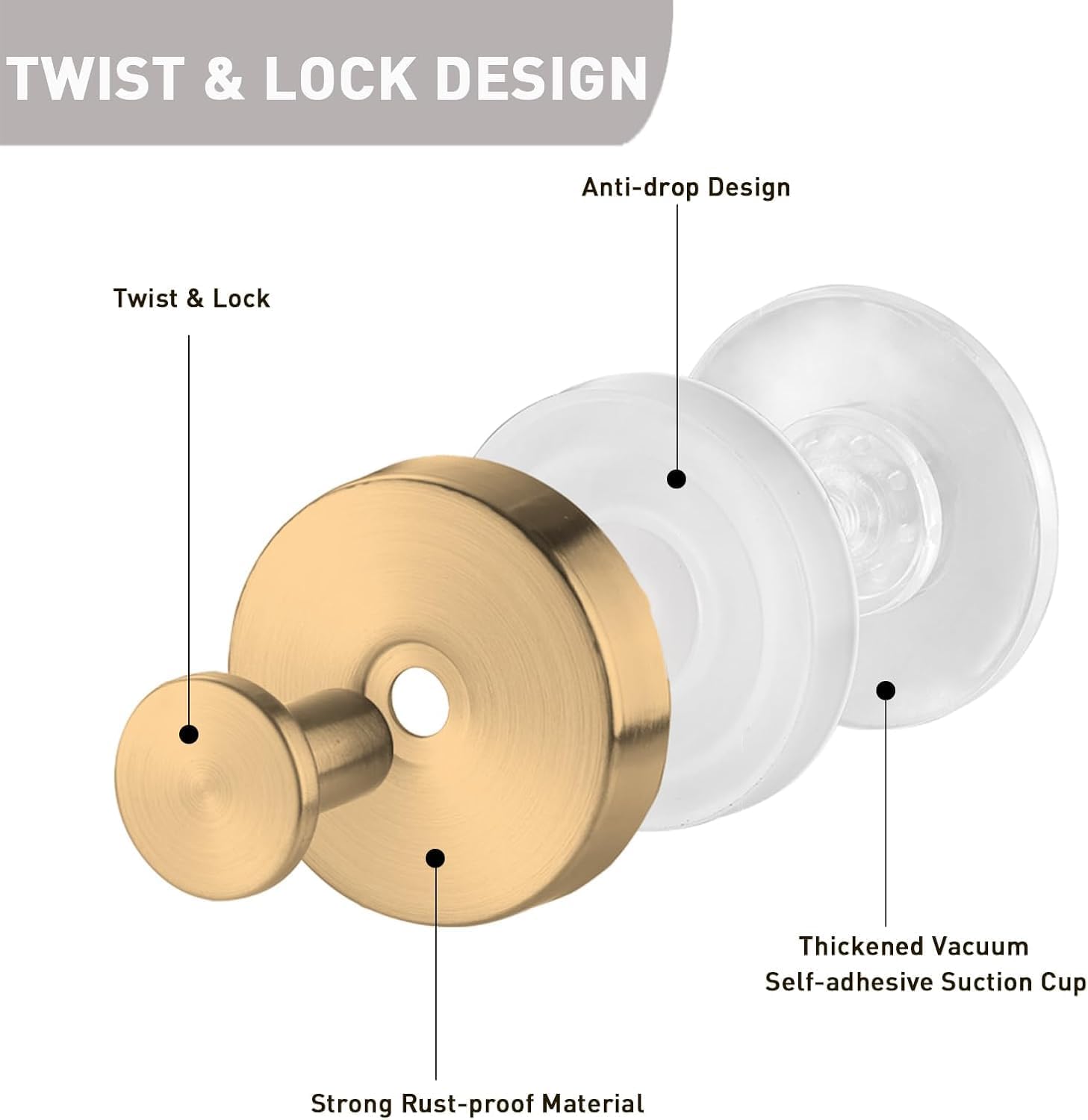 Stainless Steel Suction Cup Hooks for Shower 3-Pack Gold