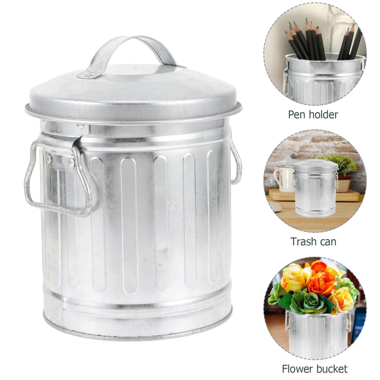 Cabilock Vintage Ash Bucket with Lid Galvanized Metal Flowerpot Organizer Mini Desktop Trash Bin