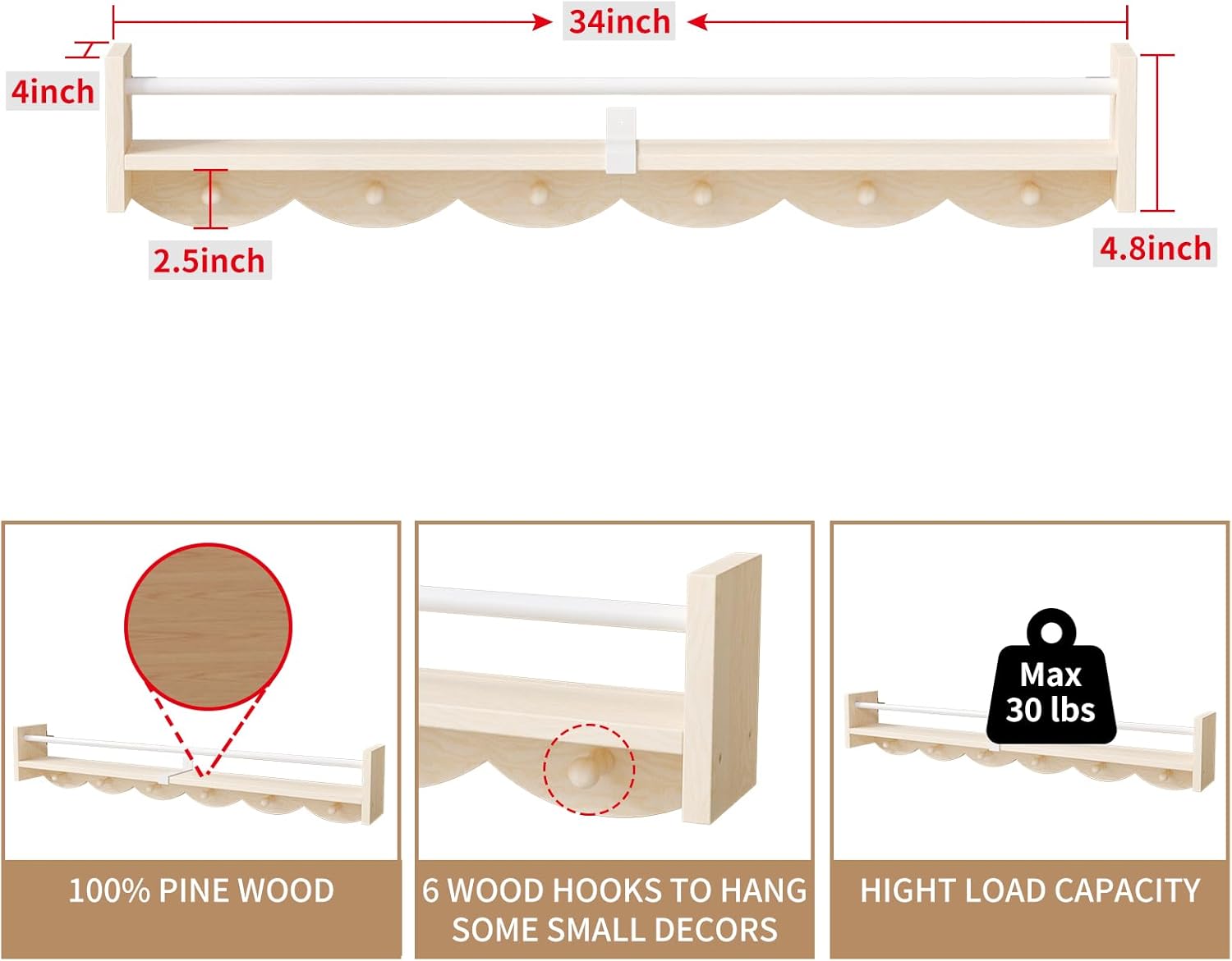34 Inch Wall Mounted Bookshelf with 6 Hooks Set of 3