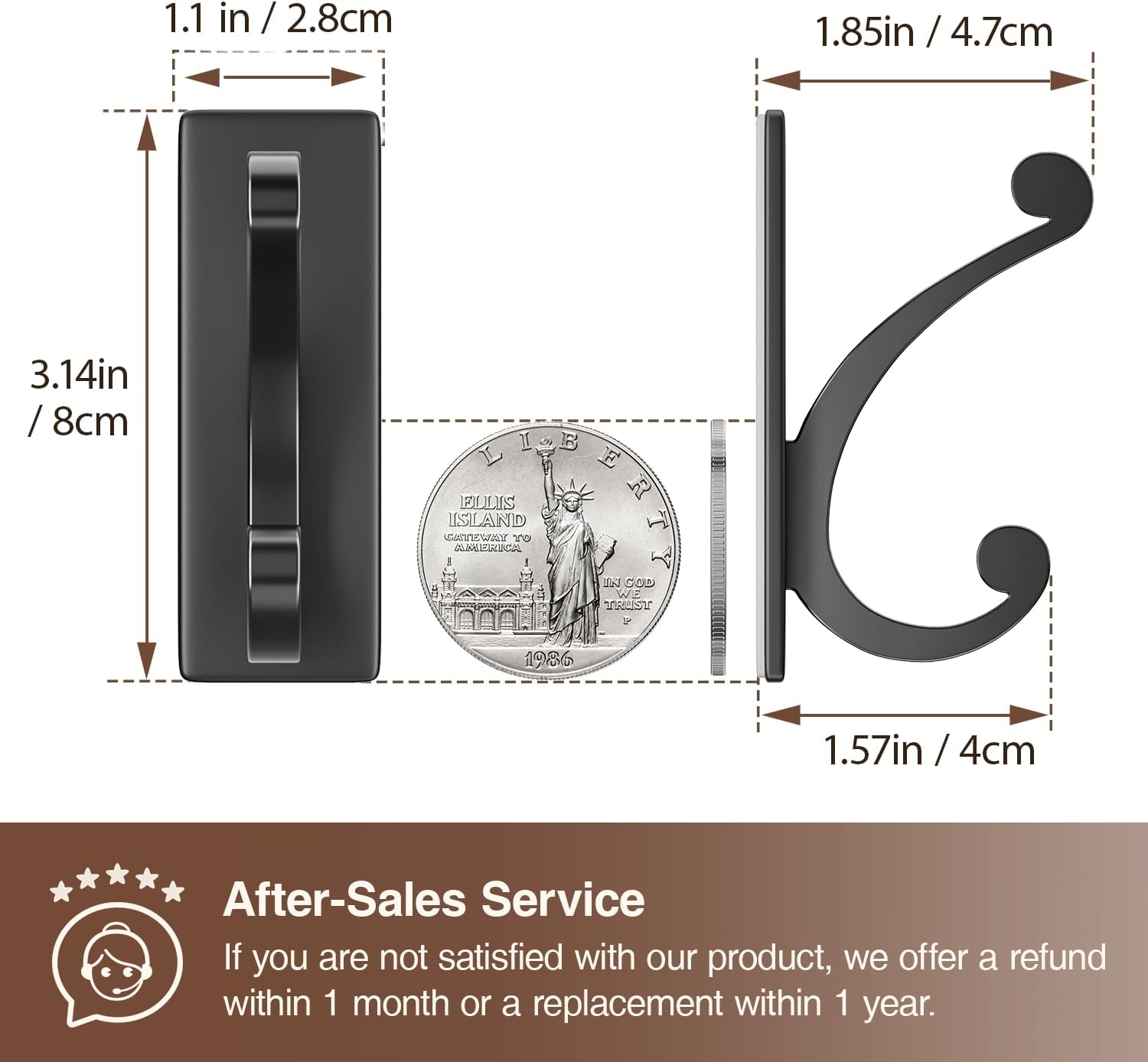 Adhesive Wall Hook for Towel or Coat - Extra Sticky 10LB Stainless Matt Black 8-Pack