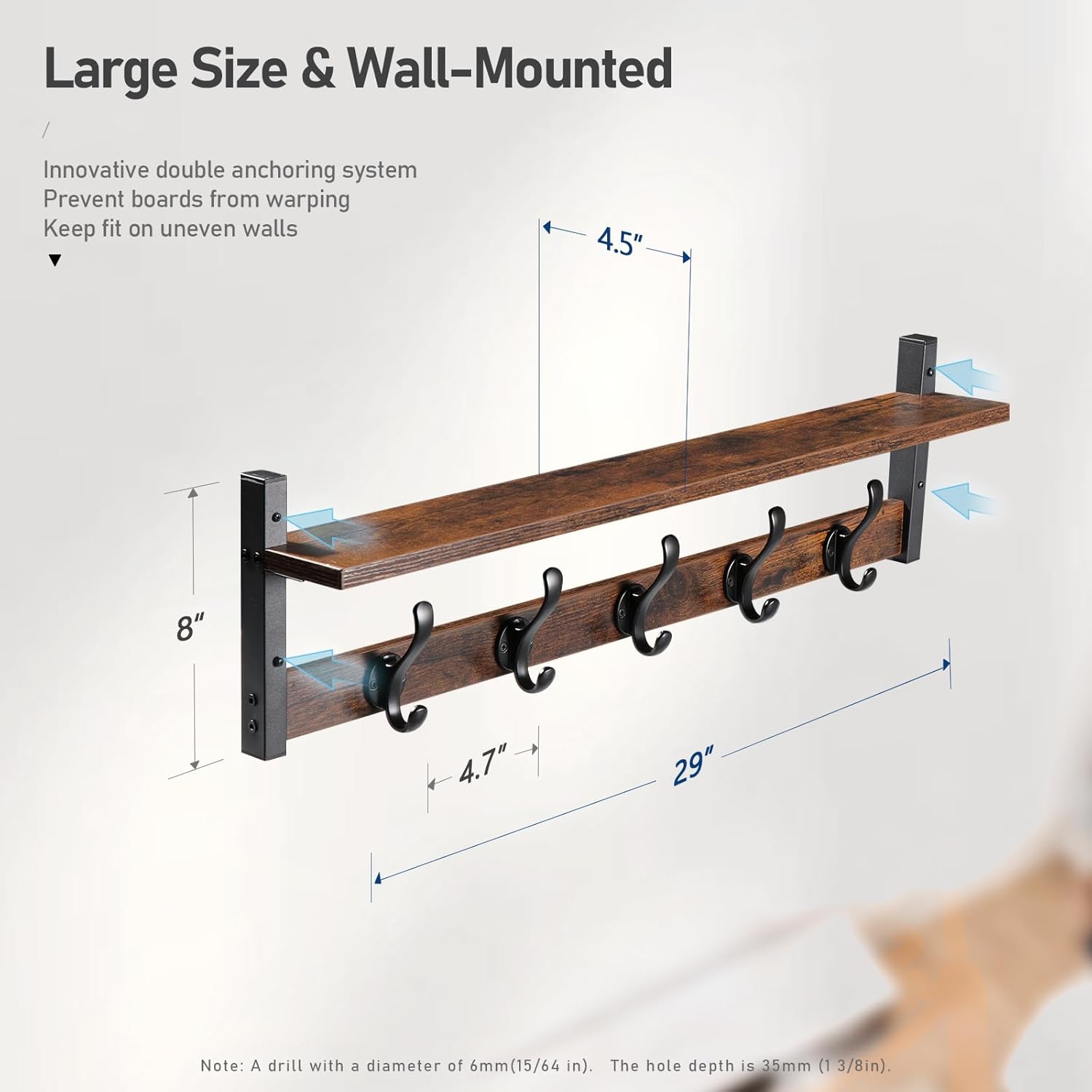 Tatub 29 Inch Rustic Black Coat Rack Wall Mount with Shelf