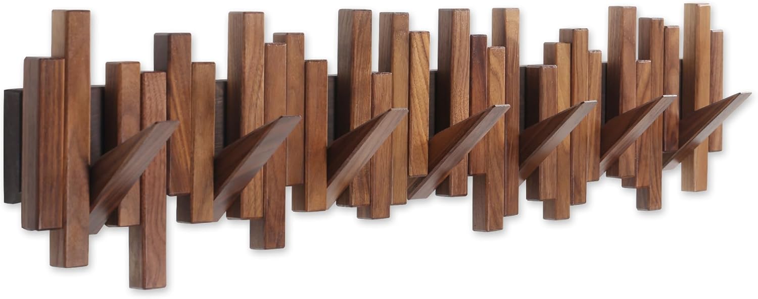 Wooden Coat Rack Wall Mounted Multi Hook Natural Walnut Art Design