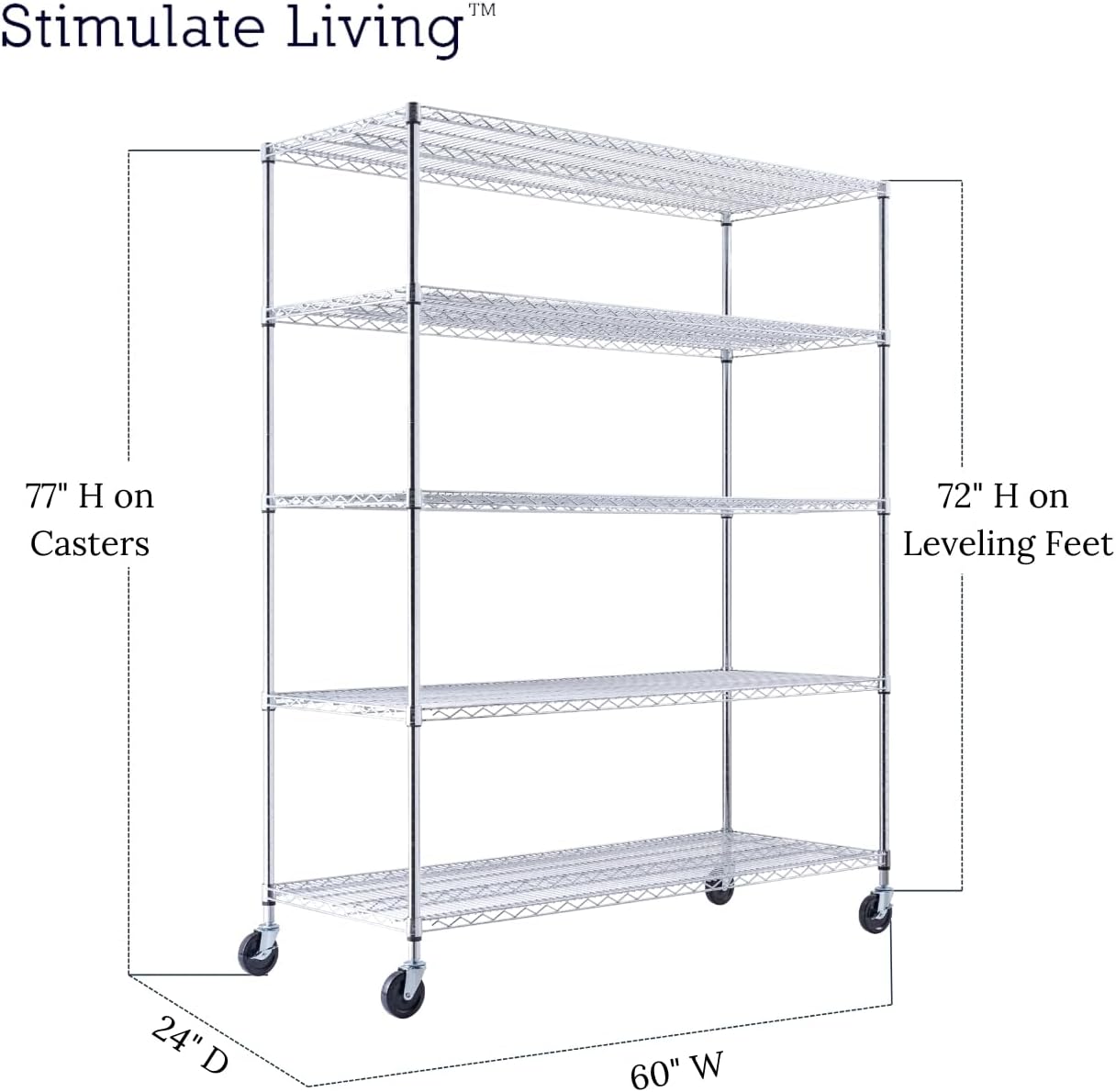 60x24x72 Chrome 5-Tier Heavy Duty Shelving with Wheels